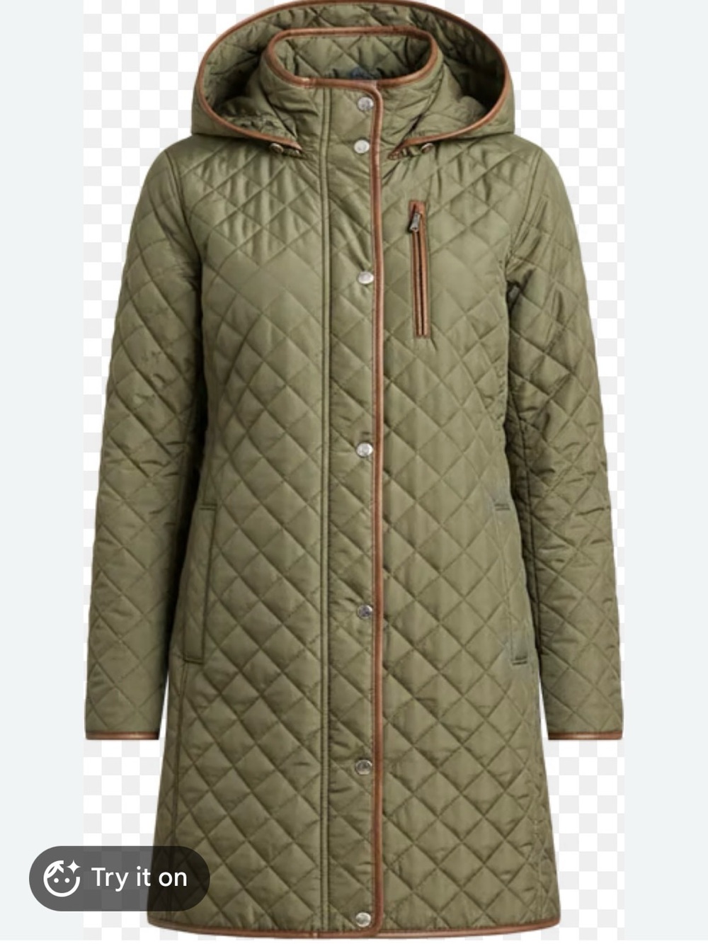 Lauren Ralph Lauren Olive Green Quilted Hooded Long Puffer with Brown Trim